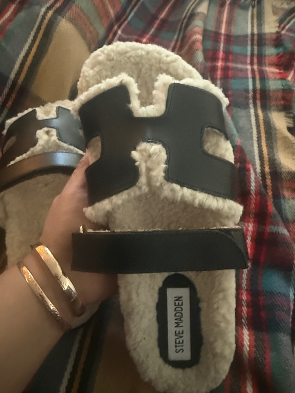 Steve Madden Black and Cream Fuzzy Slide Sandals - Picture 3 of 5